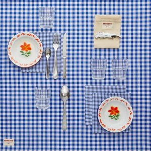 Picknick-Set blauweiss kariert für 4 Personen mit Emailleteller