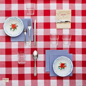 Picknickkorb weiss rote Tischdecke mit Emailletellern und EdelstahlBesteck in französischem Design